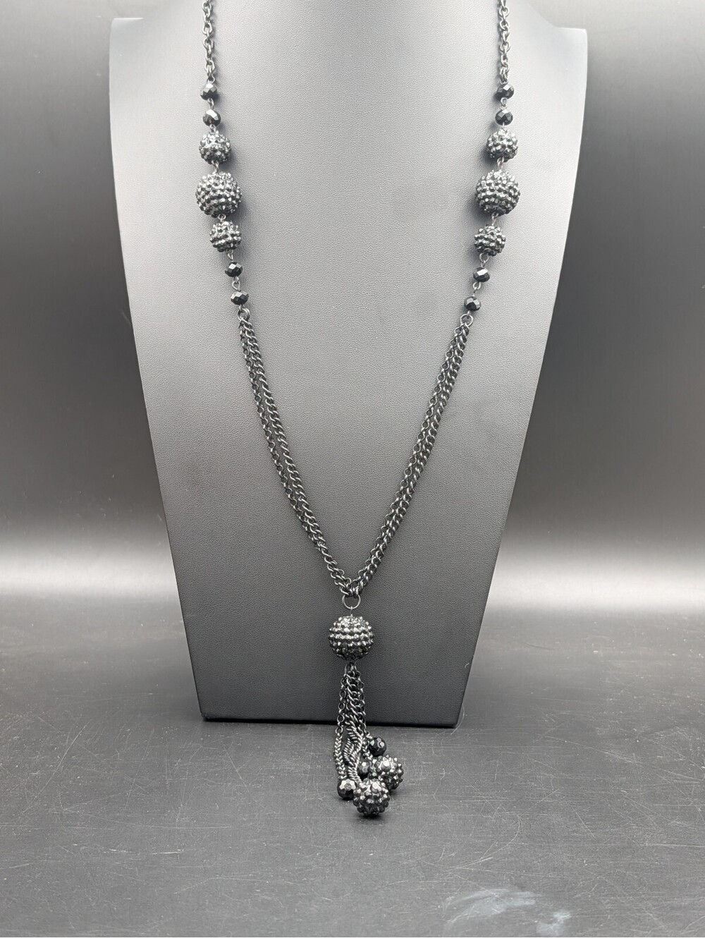Vintage Gunmetal Pave Rhinestone Disco Ball Tassel Lariat Y Necklace 20"